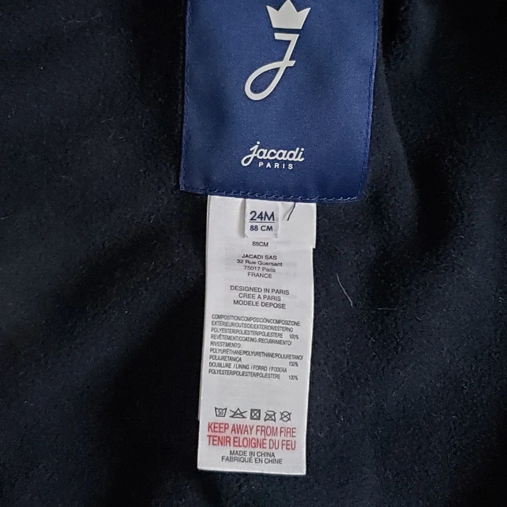 Jacadi Paris Raincoat Girls 24M Navy Cat Print Vinyl Hooded Waterproof Jacket - Picture 3 of 7